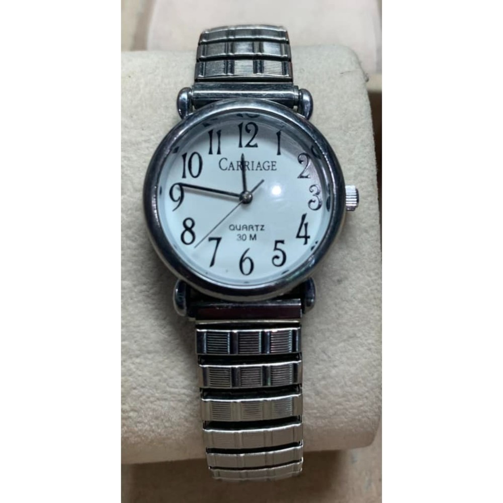 Timex Carriage Silver Stretch Band Watch Quartz White Face New Battery Cleaned
